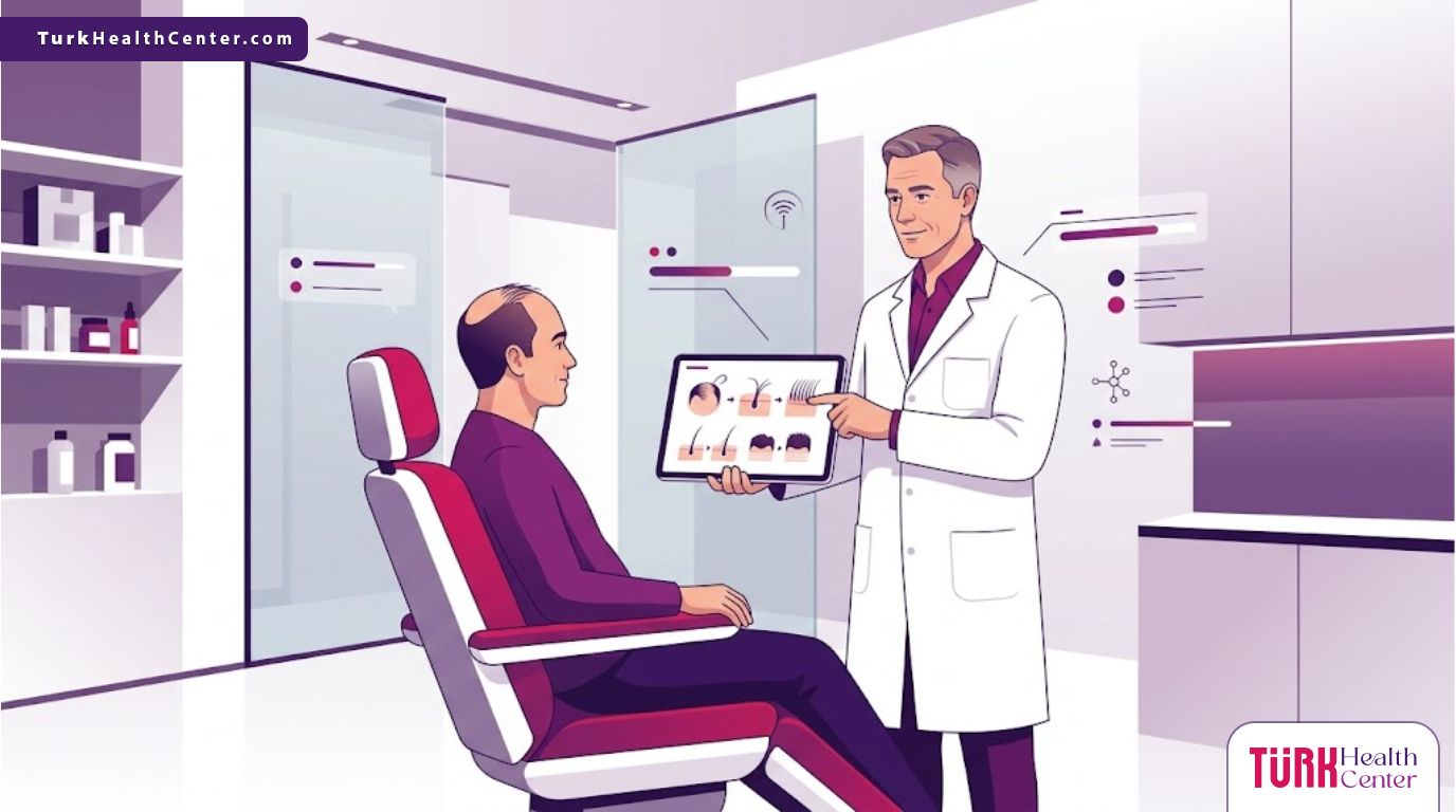 رسم توضيحي يظهر الفرق بين دكتور زراعة شعر واخصائي أثناء تقديم استشارة طبية في عيادة فاخرة 