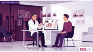 رسم توضيحي عصري يوضح جلسة استشارية طبية لمناقشة الفرق بين زراعة الشعر بتقنية DHI و FUE في عيادة فاخرة 