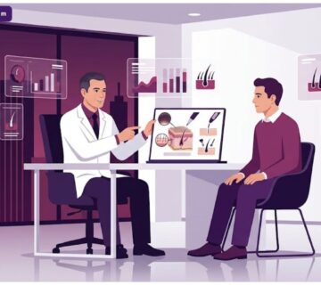 رسم توضيحي عصري يوضح جلسة استشارية طبية لمناقشة الفرق بين زراعة الشعر بتقنية DHI و FUE في عيادة فاخرة 