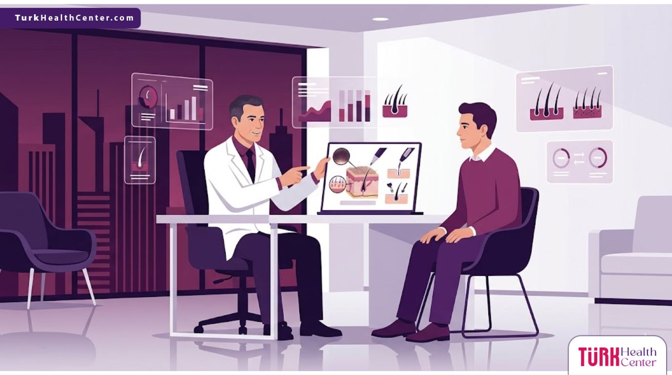 رسم توضيحي عصري يوضح جلسة استشارية طبية لمناقشة الفرق بين زراعة الشعر بتقنية DHI و FUE في عيادة فاخرة 