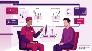 رسوم توضيحية حديثة تشرح الفرق بين زراعة الشعر بتقنية DHI والبيركوتان داخل عيادة طبية فاخرة 
