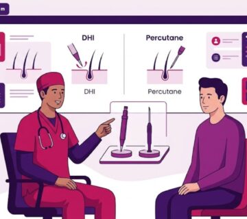 رسوم توضيحية حديثة تشرح الفرق بين زراعة الشعر بتقنية DHI والبيركوتان داخل عيادة طبية فاخرة 