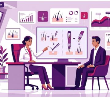 رسم توضيحي يوضح طبيب يشرح لمريض الفرق بين زراعة الشعر بتقنية CHOI و FUE في عيادة حديثة 