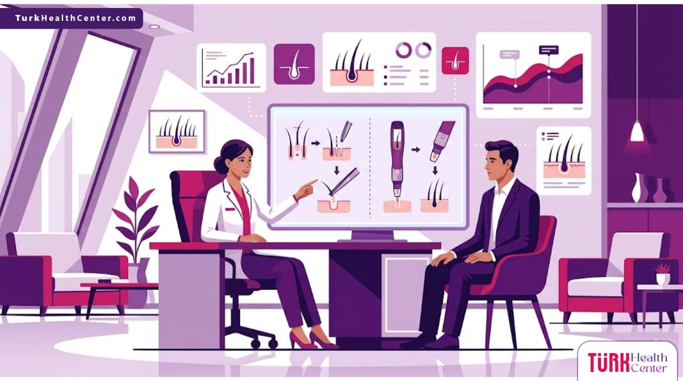 رسم توضيحي يوضح طبيب يشرح لمريض الفرق بين زراعة الشعر بتقنية CHOI و FUE في عيادة حديثة 