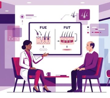 رسوم توضيحية لعيادة فاخرة تشرح الفرق بين زراعة الشعر بتقنية FUE و FUT بشكل مبسط 