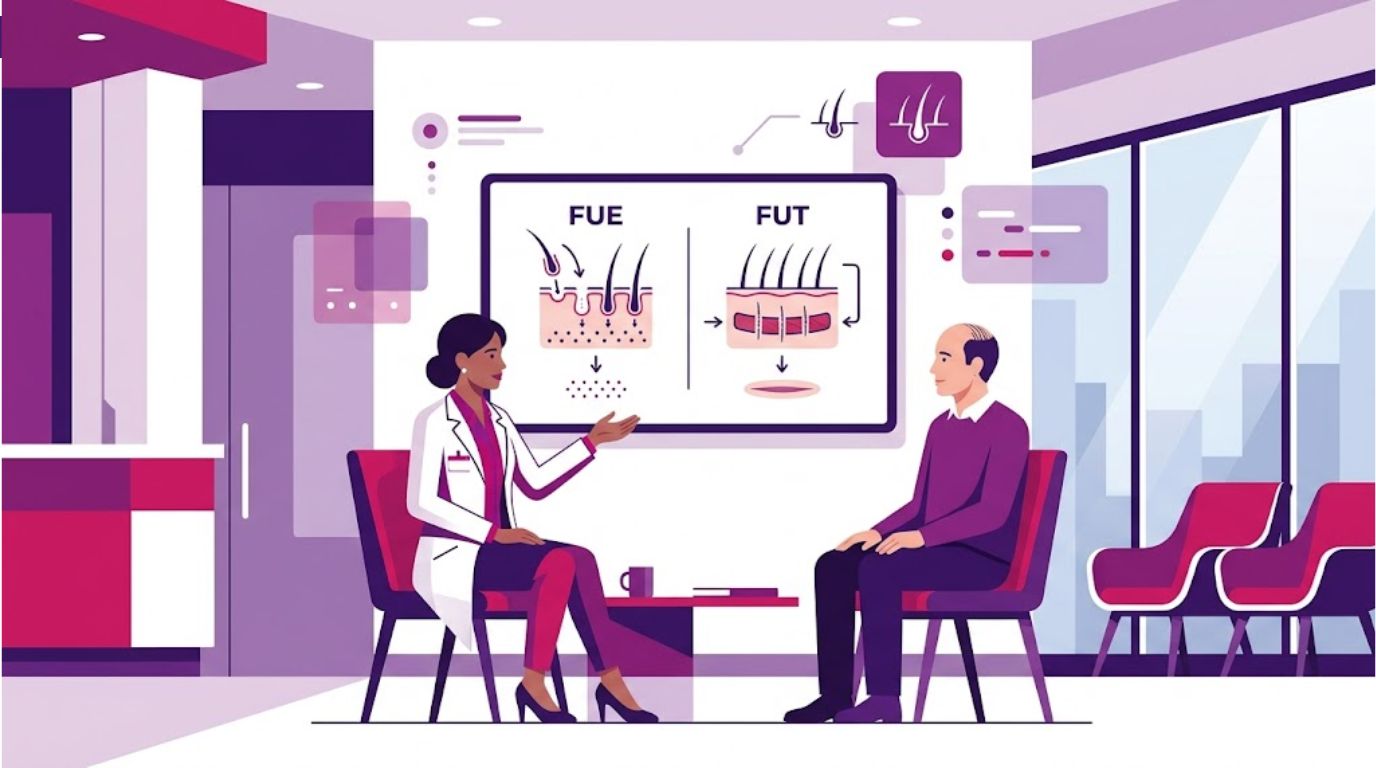 رسوم توضيحية لعيادة فاخرة تشرح الفرق بين زراعة الشعر بتقنية FUE و FUT بشكل مبسط 