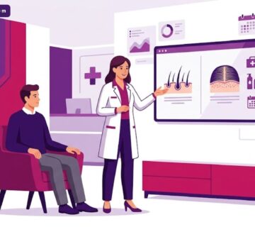 رسوم توضيحية فاخرة تشرح الفرق بين زراعة الشعر مع خدمات ومن دونها داخل عيادة عصرية 