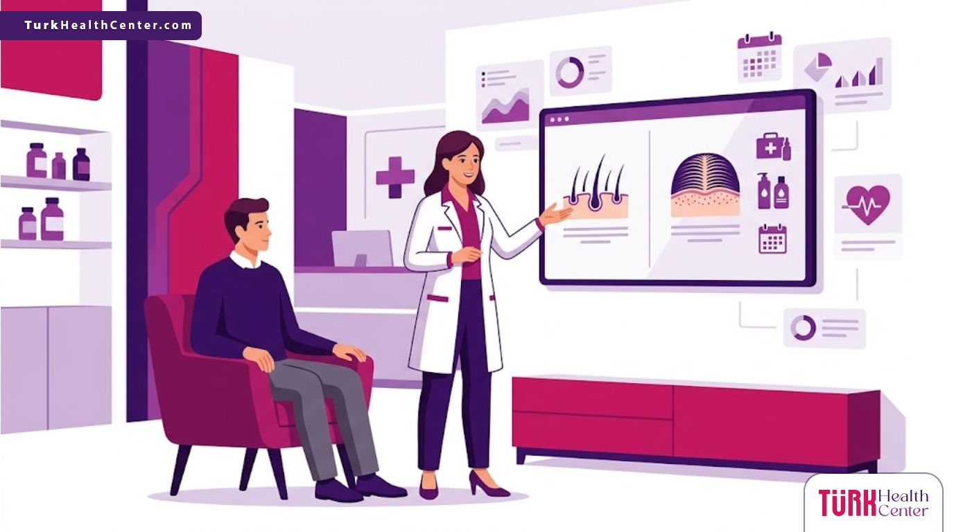 رسوم توضيحية فاخرة تشرح الفرق بين زراعة الشعر مع خدمات ومن دونها داخل عيادة عصرية 