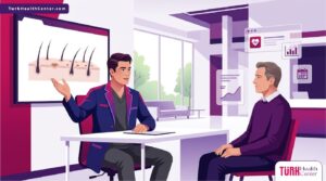 رسوم توضيحية لطبيب يشرح كيفية التعامل مع القشور بعد زراعة الشعر في عيادة حديثة 