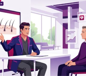 رسوم توضيحية لطبيب يشرح كيفية التعامل مع القشور بعد زراعة الشعر في عيادة حديثة 