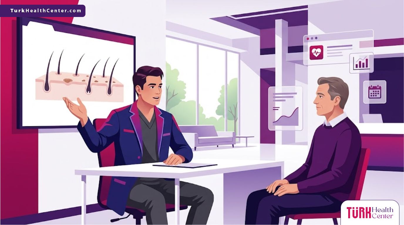 رسوم توضيحية لطبيب يشرح كيفية التعامل مع القشور بعد زراعة الشعر في عيادة حديثة 