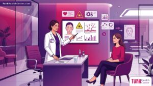 رسم توضيحي متجهي فاخر لطبيب يشرح خطوات إجراء الليزر الأصفر للاحمرار في تركيا لمريض داخل عيادة متطورة 