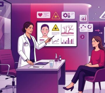 رسم توضيحي متجهي فاخر لطبيب يشرح خطوات إجراء الليزر الأصفر للاحمرار في تركيا لمريض داخل عيادة متطورة 