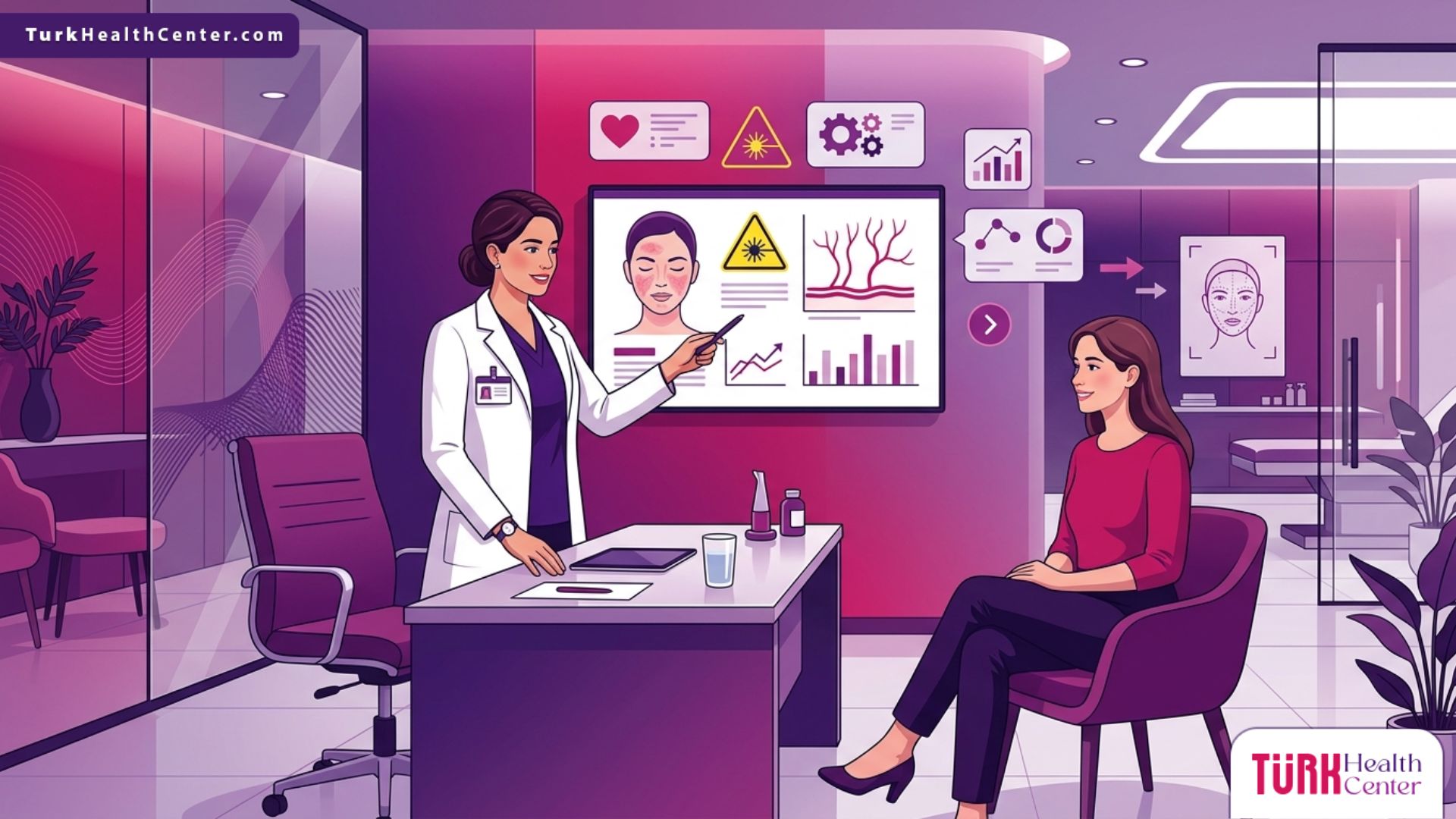 رسم توضيحي متجهي فاخر لطبيب يشرح خطوات إجراء الليزر الأصفر للاحمرار في تركيا لمريض داخل عيادة متطورة 