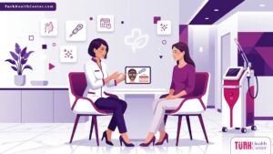 طبيب يشرح خطوات علاج الليزر الكربوني في تركيا لمريضة في عيادة تجميل حديثة