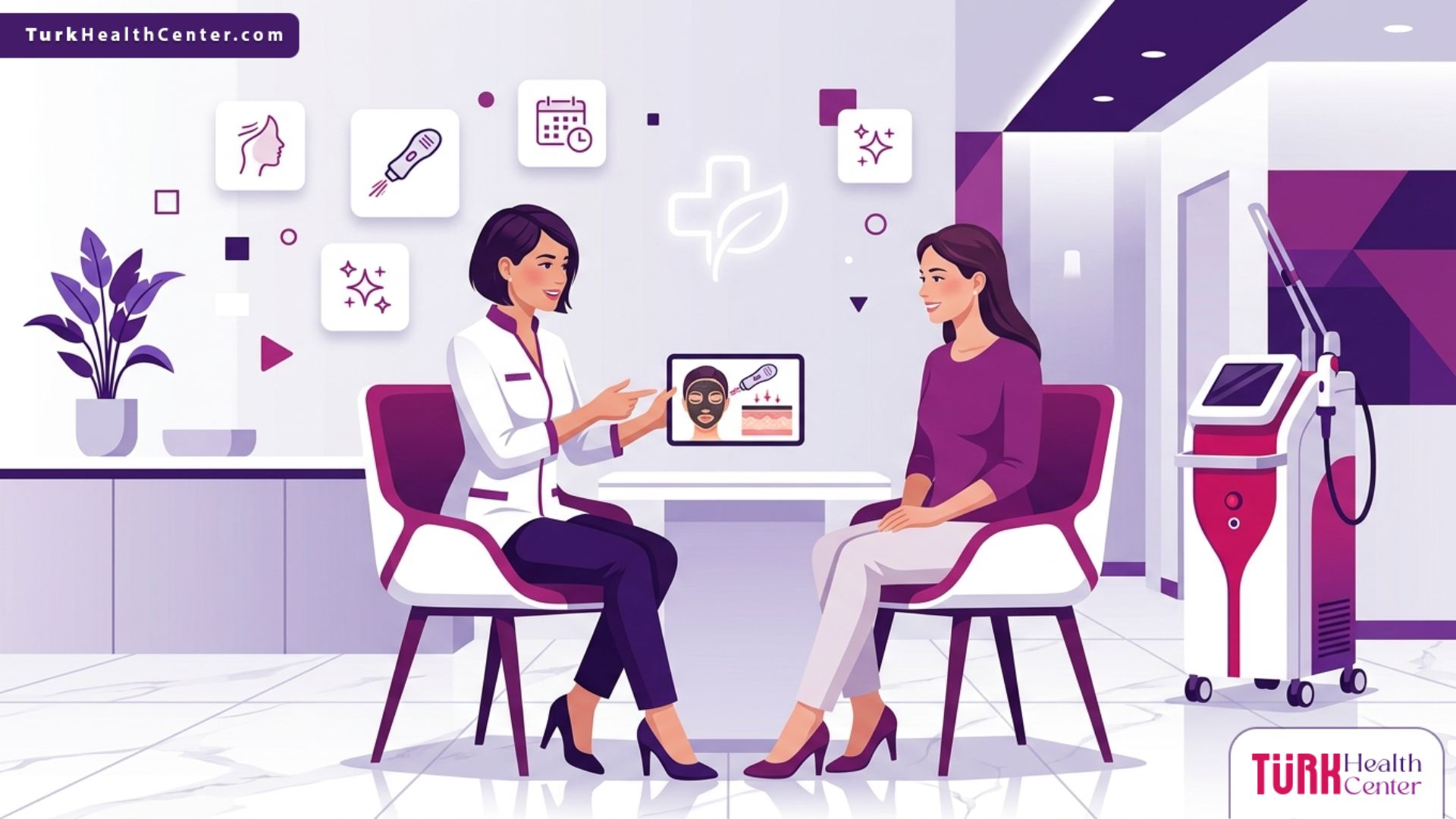 طبيب يشرح خطوات علاج الليزر الكربوني في تركيا لمريضة في عيادة تجميل حديثة