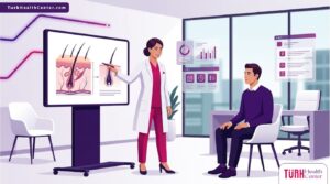 رسم توضيحي يظهر طبيب يشرح تفاصيل المعاينة من اجل عملية زراعة الشعر لمريض في عيادة حديثة 