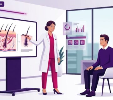 رسم توضيحي يظهر طبيب يشرح تفاصيل المعاينة من اجل عملية زراعة الشعر لمريض في عيادة حديثة 