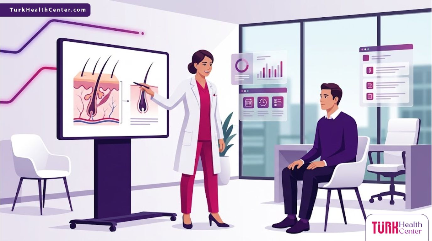 رسم توضيحي يظهر طبيب يشرح تفاصيل المعاينة من اجل عملية زراعة الشعر لمريض في عيادة حديثة 