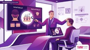 رسم توضيحي يوضح طبيب يشرح للمريض كيفية التعامل مع المنطقة المانحة في عملية زراعة الشعر داخل عيادة حديثة 