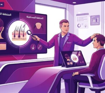 رسم توضيحي يوضح طبيب يشرح للمريض كيفية التعامل مع المنطقة المانحة في عملية زراعة الشعر داخل عيادة حديثة 