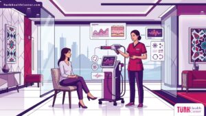 رسم توضيحي فني يظهر طبيباً يشرح تفاصيل الموجات التصادمية للجلد في تركيا لمريض داخل عيادة طبية فاخرة 