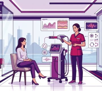 رسم توضيحي فني يظهر طبيباً يشرح تفاصيل الموجات التصادمية للجلد في تركيا لمريض داخل عيادة طبية فاخرة 
