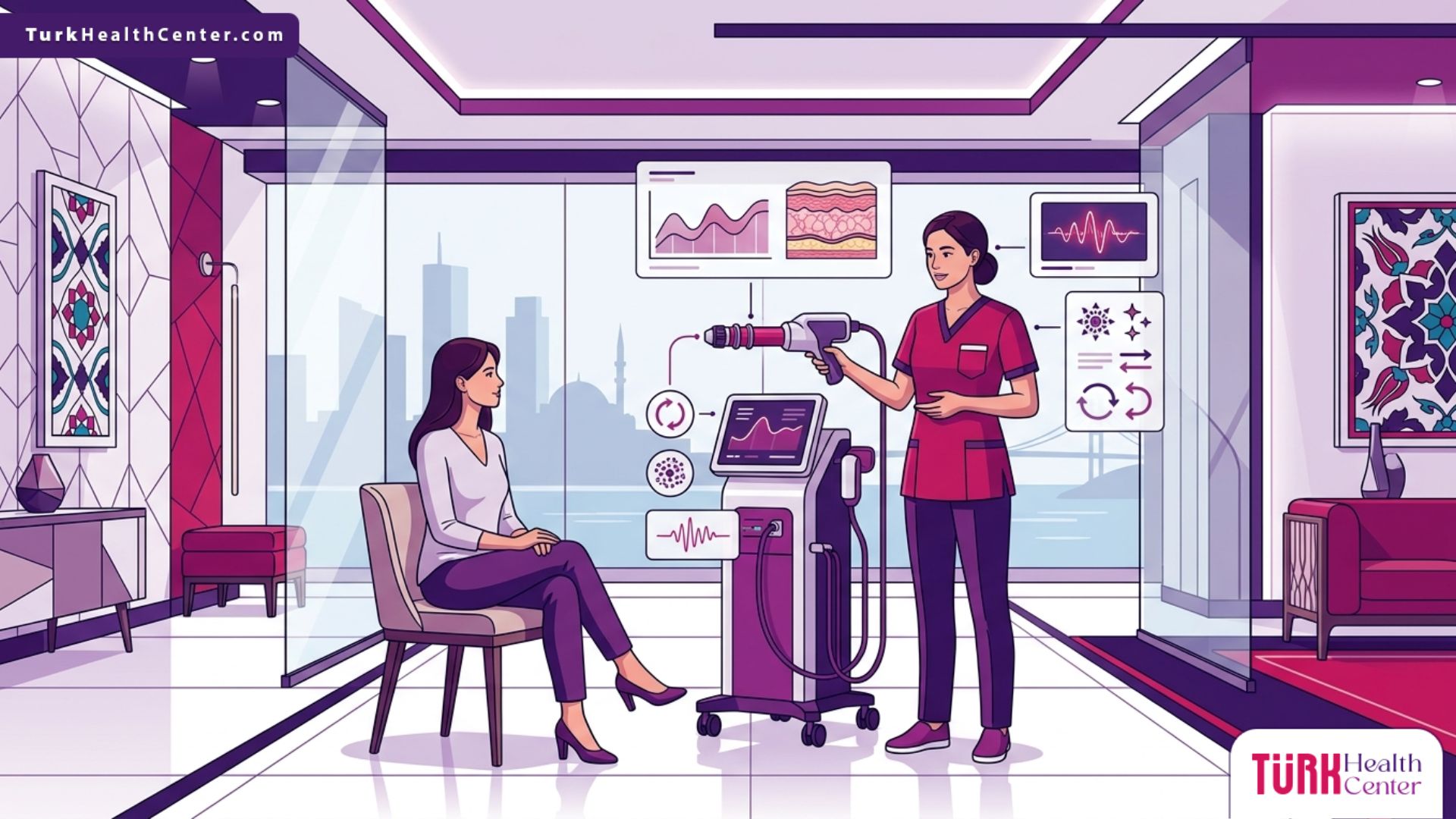 رسم توضيحي فني يظهر طبيباً يشرح تفاصيل الموجات التصادمية للجلد في تركيا لمريض داخل عيادة طبية فاخرة 