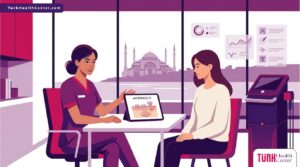 رسم توضيحي لطبيب يشرح تقنية المورفيوس 8 في تركيا لمريض داخل عيادة فاخرة بألوان الماجنتا والبنفسجي 