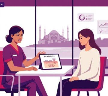 رسم توضيحي لطبيب يشرح تقنية المورفيوس 8 في تركيا لمريض داخل عيادة فاخرة بألوان الماجنتا والبنفسجي 