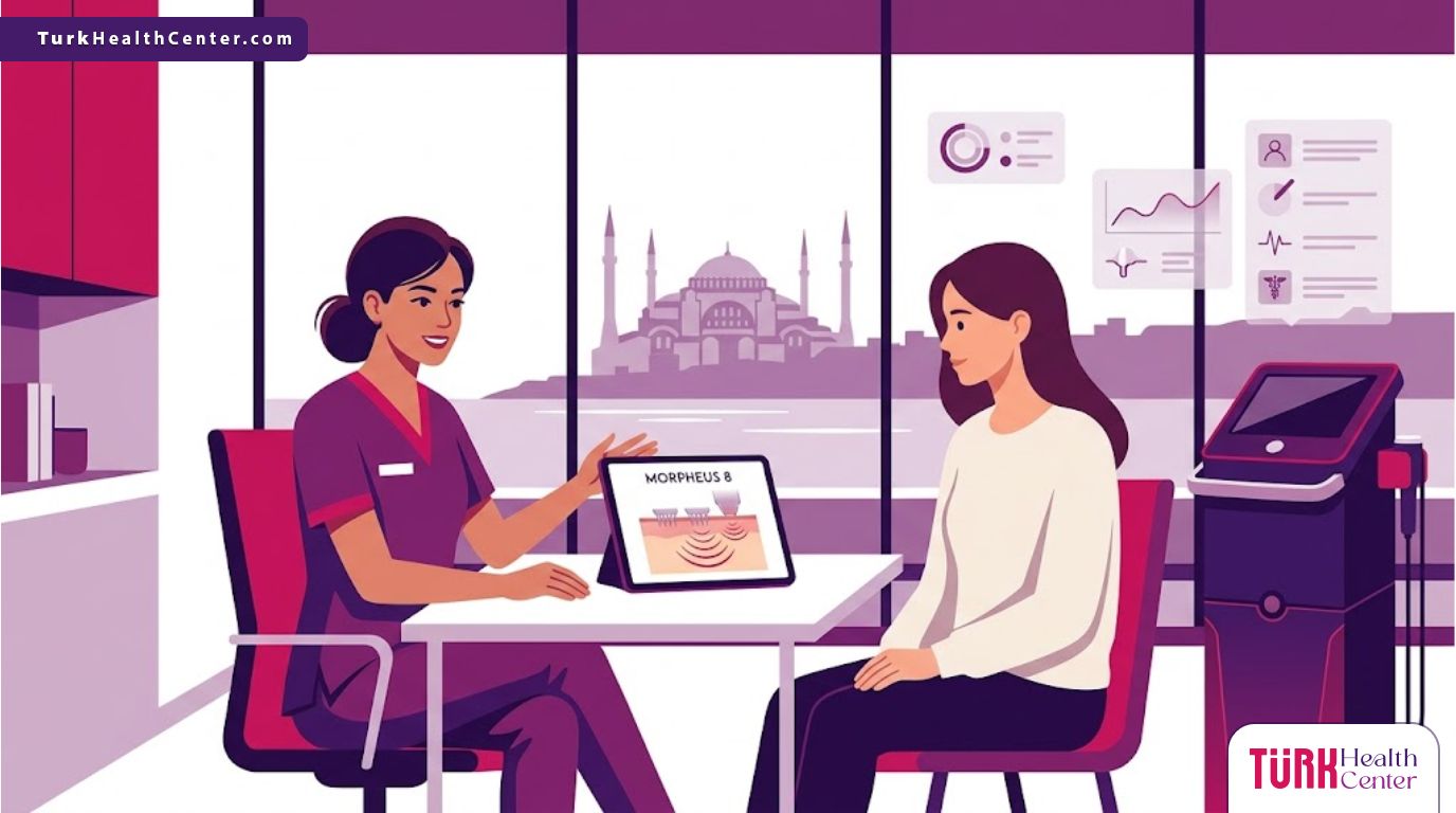رسم توضيحي لطبيب يشرح تقنية المورفيوس 8 في تركيا لمريض داخل عيادة فاخرة بألوان الماجنتا والبنفسجي 