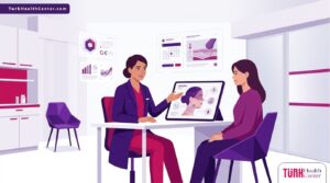 رسم توضيحي يظهر طبيبًا يشرح تقنية الهايفو لشد الوجه في تركيا لمريض داخل عيادة فاخرة 