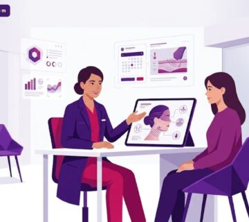 رسم توضيحي يظهر طبيبًا يشرح تقنية الهايفو لشد الوجه في تركيا لمريض داخل عيادة فاخرة 