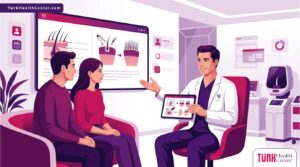 رسم توضيحي يظهر طبيبًا يشرح الإجراءات الطبية المتعلقة بموضوع بالتفصيل هل زراعة الشعر حرام للرجال والنساء لمريض في عيادة حديثة 