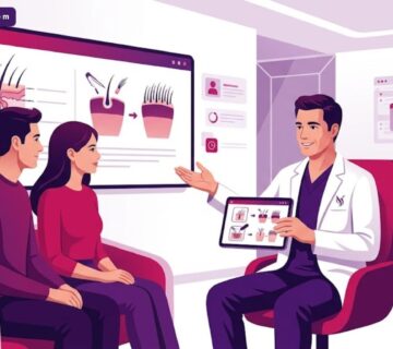 رسم توضيحي يظهر طبيبًا يشرح الإجراءات الطبية المتعلقة بموضوع بالتفصيل هل زراعة الشعر حرام للرجال والنساء لمريض في عيادة حديثة 