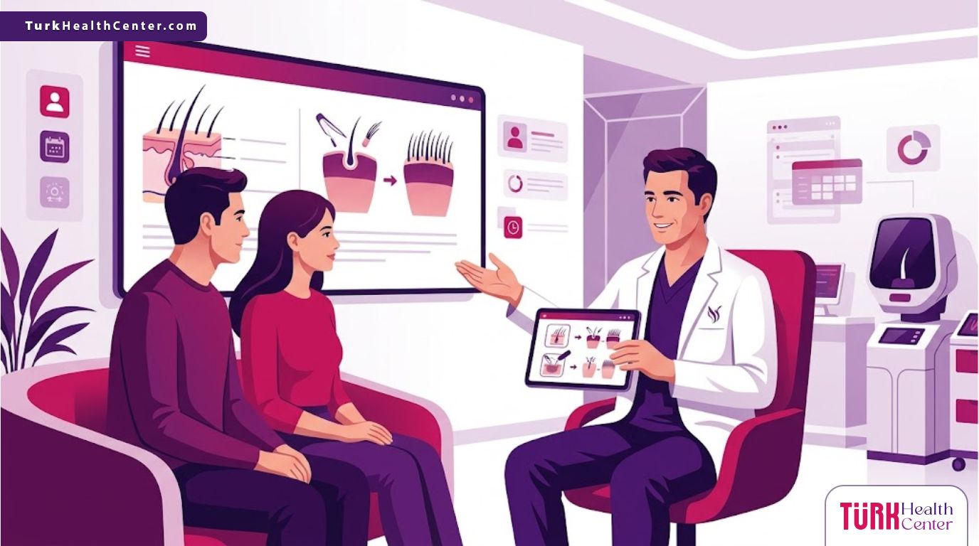 رسم توضيحي يظهر طبيبًا يشرح الإجراءات الطبية المتعلقة بموضوع بالتفصيل هل زراعة الشعر حرام للرجال والنساء لمريض في عيادة حديثة 