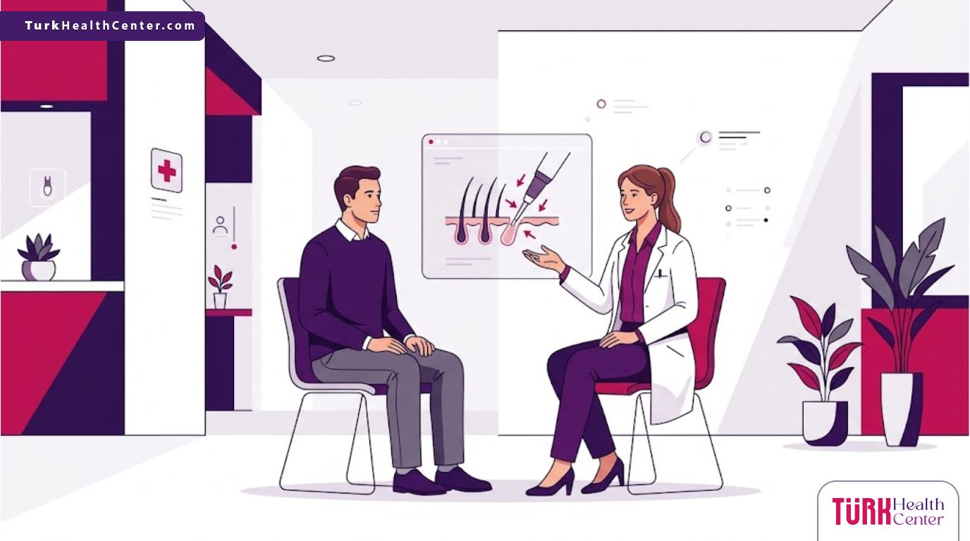 رسوم توضيحية حديثة لعيادة طبية تشرح فوائد زراعة الشعر بتقنية البيركوتان للمرضى 