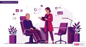 رسم توضيحي لمريض يتلقى نصائح طبية حول العناية بفروة الرأس في مرحلة بعد زراعة الشعر بشهر 