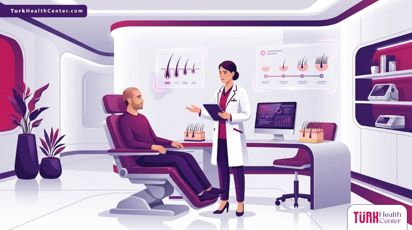 رسم توضيحي يظهر طبيب يشرح نصائح العناية بعد عملية زراعة الشعر لمريض في عيادة حديثة 