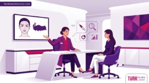 رسم توضيحي يظهر طبيب يشرح عملية بوتوكس الوجه في تركيا لمريض داخل عيادة فاخرة بألوان أرجوانية عصرية 