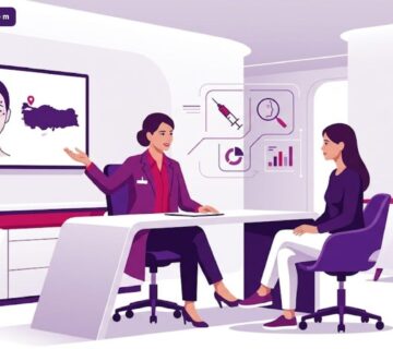 رسم توضيحي يظهر طبيب يشرح عملية بوتوكس الوجه في تركيا لمريض داخل عيادة فاخرة بألوان أرجوانية عصرية 