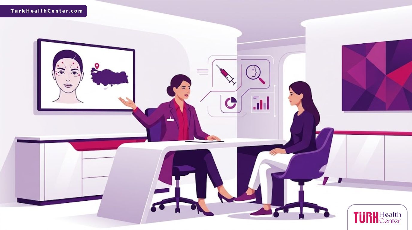 رسم توضيحي يظهر طبيب يشرح عملية بوتوكس الوجه في تركيا لمريض داخل عيادة فاخرة بألوان أرجوانية عصرية 