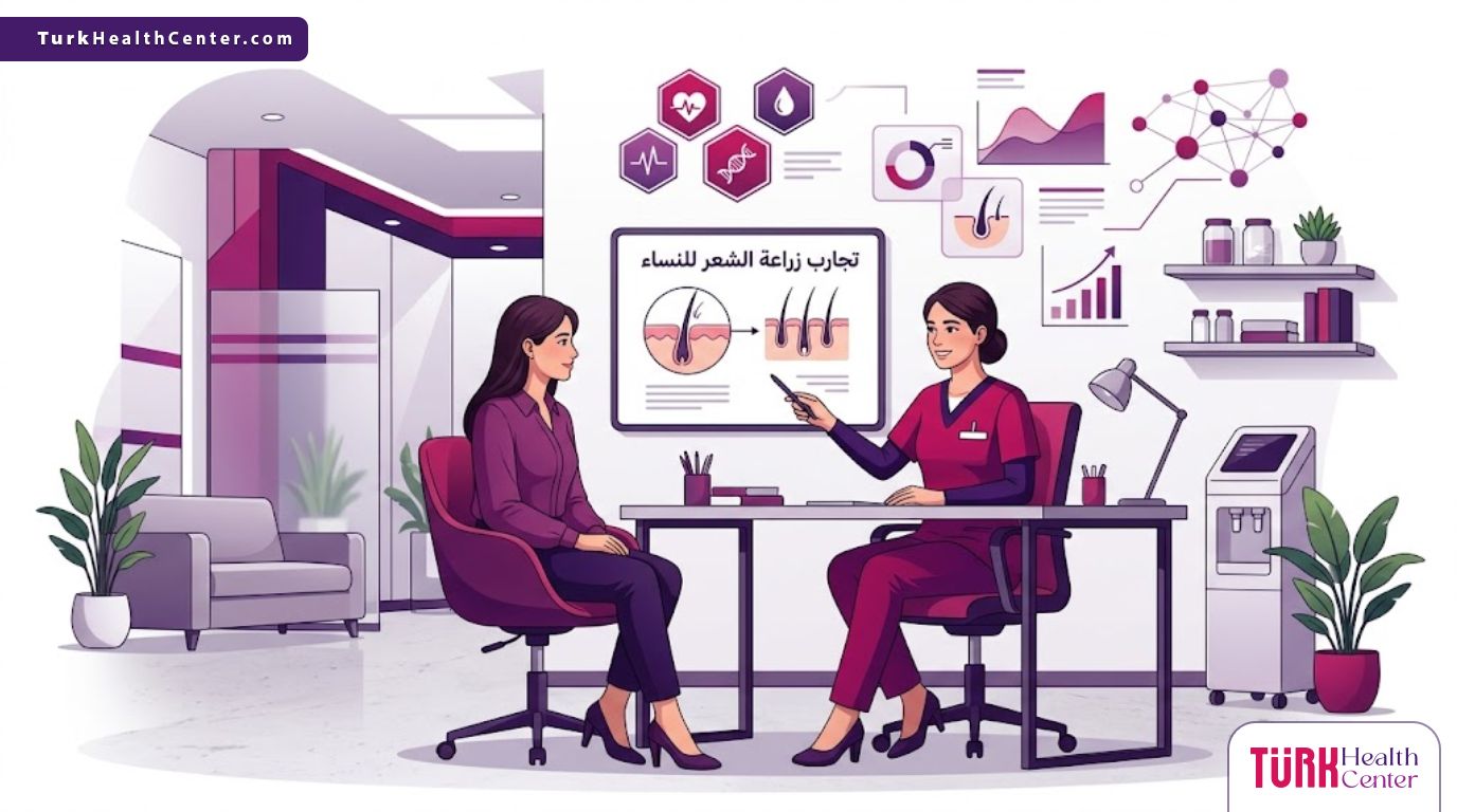 رسم توضيحي يظهر طبيباً يشرح خطوات تجارب زراعة الشعر للنساء داخل عيادة عصرية فاخرة 