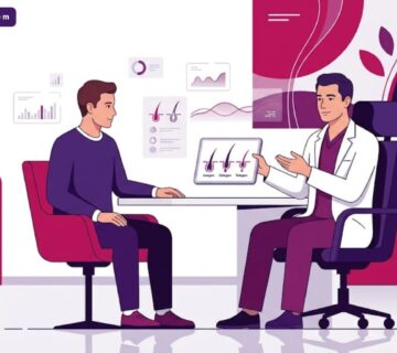 رسم توضيحي يوضح طبيب يشرح تجارب عمليات زراعة الشعر لمريض داخل عيادة طبية حديثة 