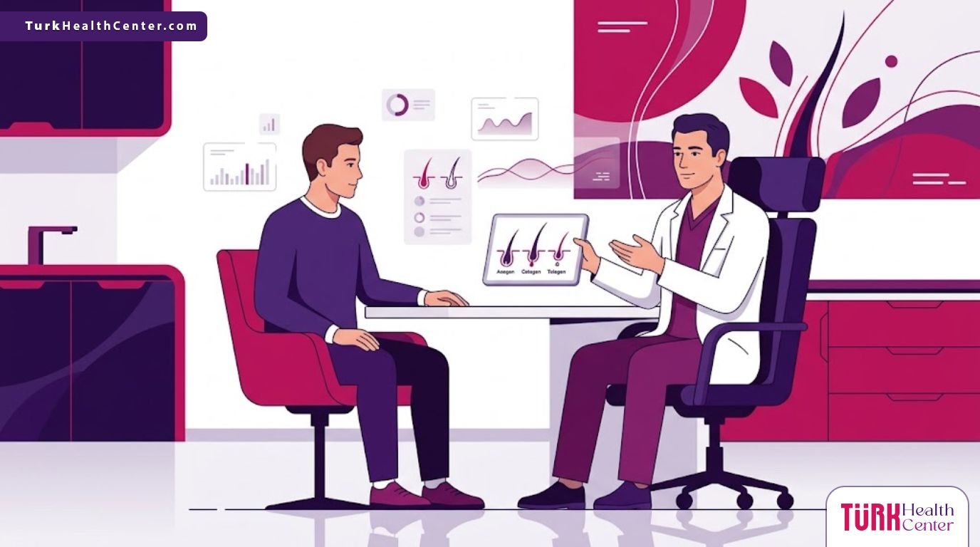 رسم توضيحي يوضح طبيب يشرح تجارب عمليات زراعة الشعر لمريض داخل عيادة طبية حديثة 