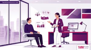 رسوم توضيحية حديثة لعيادة طبية يظهر فيها طبيب يشرح تفاصيل تجربة زراعة الشعر في تركيا لمريض بأسلوب احترافي 