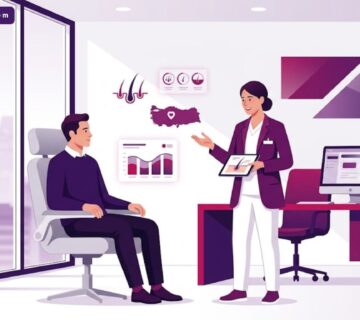 رسوم توضيحية حديثة لعيادة طبية يظهر فيها طبيب يشرح تفاصيل تجربة زراعة الشعر في تركيا لمريض بأسلوب احترافي 