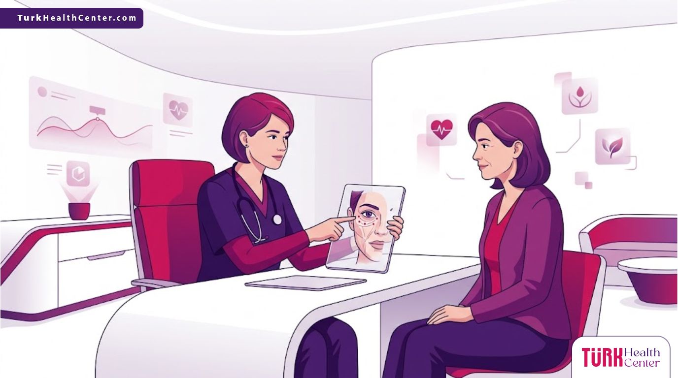 رسم توضيحي احترافي يظهر طبيباً يشرح تفاصيل تجربتي مع إبر النضارة للعين في تركيا لمريض في عيادة فاخرة 