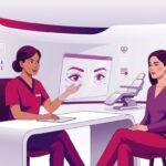 رسم توضيحي يظهر طبيب يشرح تفاصيل تجربتي مع شد العيون بالخيوط في تركيا للمريضة داخل عيادة فاخرة 