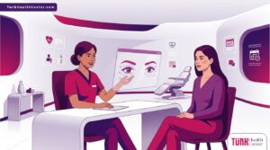 رسم توضيحي يظهر طبيب يشرح تفاصيل تجربتي مع شد العيون بالخيوط في تركيا للمريضة داخل عيادة فاخرة 